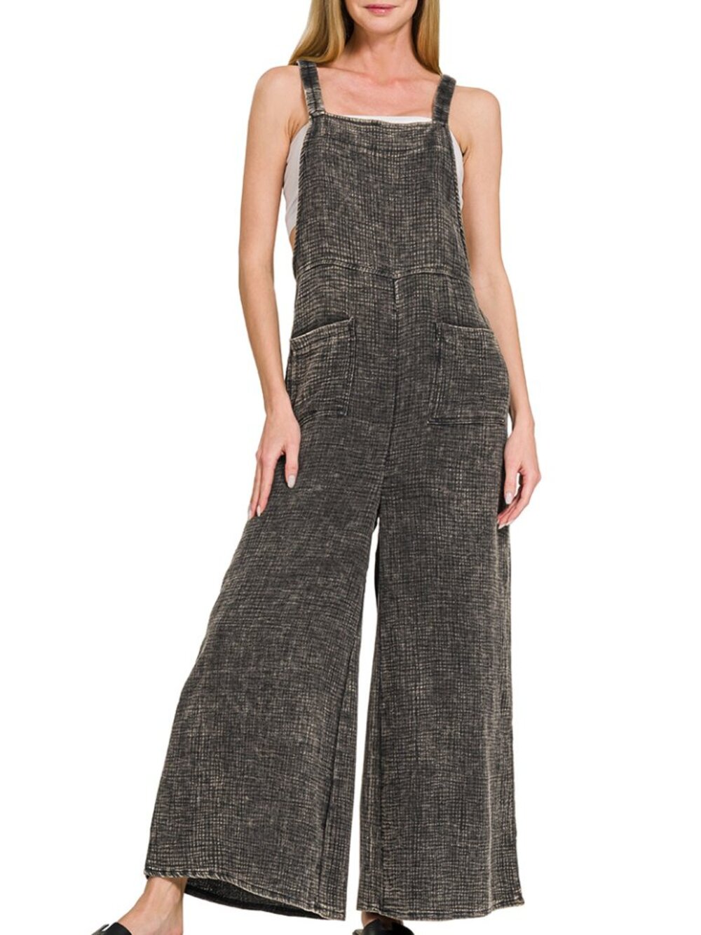 Washed Double Gauze Elastic Waist Wide Overalls in Ash Black
